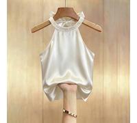 Damen Neue Sommer Weiß Satin Trägerhemd, Perlenverzierte ärmellose Chiffon Bluse, elegante Party & Date Night Trägerhemd