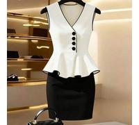 Damen neue V-Ausschnitt ärmellose asymmetrische Knopf Rüschen Saum Top + figurbetonter Mini Rock 2-teiliges Set