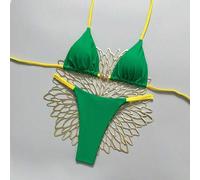 Damen neue V-Ausschnitt Neckholder rückenfrei Metalldekoration einfarbig Dreieck Bikini Badeanzug 2-teiliges Set, sexy String, Frühling/Sommer