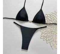 Damen Neuer Metalldekor einfarbiger V-Ausschnitt Neckholder rückenfrei Dreieck Bikini-Set, sexy String Badeanzug, Frühling/Sommer Bademode für Frauen