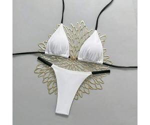 Damen Neuer Metalldekor einfarbiger V-Ausschnitt Neckholder rückenfrei Dreieck Bikini Set, Sexy String Badeanzug, Frühling/Sommer