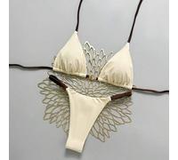 Damen Neuer Metalldekor einfarbiger V-Ausschnitt Neckholder Rückenfreier Dreieck Bikini Set, Sexy String Badeanzug, Frühling/Sommer Creme Bikini Creme