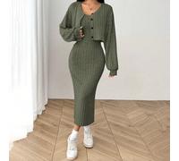 Damen Neues Herbst-Set aus gerippter Strickjacke mit Knopfleiste vorne und schmalem mittellangem Kleid, Drop-Shoulder