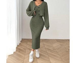 Damen Neues Herbst-Set aus gerippter Strickjacke mit Knopfleiste vorne und schmalem mittellangem Kleid, Drop-Shoulder