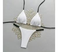 Damen Neues Metall Dekor Einfarbig V-Ausschnitt Neckholder Rückenfrei Dreieck Bikini Set, Sexy Tanga Badeanzug, Frühling/Sommer