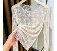 Damen Neues transparentes Mesh-Top mit großem Rundhalsausschnitt und Spitzen-Basis, leichtes, durchsichtiges Langarm-Mesh-Top, lässig