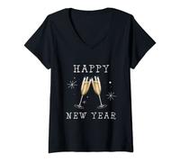 Damen Neujahr Silvester Prosecco Toast frohes neues Jahr (D010-0646A) T-Shirt mit V-Ausschnitt