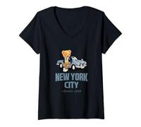 Damen New York City Stylish Teddy Bear Illustration Graphic Design T-Shirt mit V-Ausschnitt