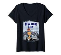 Damen New York City Teddy Bear Stories Illustration Graphic Design T-Shirt mit V-Ausschnitt