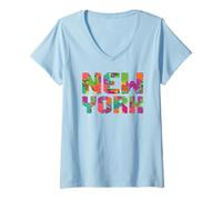 Damen New York Schriftzug USA Hauptstadt Amerika Tropical Flower T-Shirt mit V-Ausschnitt