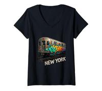 Damen New Yorker U-Bahn, Graffiti, Straßenkunst, bunt, urban T-Shirt mit V-Ausschnitt
