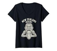 Damen New Zealand Rugby Maori Haka Warrior Tattoo Graviertes Design T-Shirt mit V-Ausschnitt