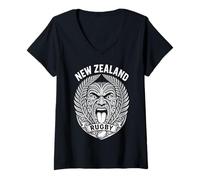 Damen New Zealand Rugby Vintage Maori Haka Face and Silver Farns T-Shirt mit V-Ausschnitt