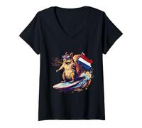 Damen Niederlande Eichhörnchen Surfen Dutch Roots Niederlande Flagge Niederlande T-Shirt mit V-Ausschnitt