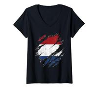 Damen Niederlande Flagge Ripped Look Dutch Patriotismus T-Shirt mit V-Ausschnitt