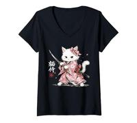 Damen Niedliche Samurai-Katze, Sakura-Kätzchen, rosa Kimono, japanischer Anime T-Shirt mit V-Ausschnitt