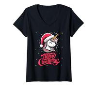 Damen Niedliche Weihnachtsmütze mit Einhorn-Weihnachtsmann-Mütze, Weihnachtsfeier, bezaubernd T-Shirt mit V-Ausschnitt