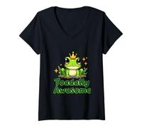 Damen Niedlicher Cartoon-Frosch mit Krone auf Gras sitzend T-Shirt mit V-Ausschnitt