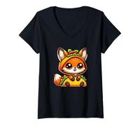 Damen Niedlicher Cartoon-Taco-Fuchs, mexikanischer ESS T-Shirt mit V-Ausschnitt