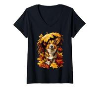 Damen Niedlicher Corgi Hund mit Herbstlaub Regenschirm Herbst Ästhetik T-Shirt mit V-Ausschnitt