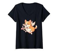 Damen Niedlicher Corgi Valentinstag Engel Herz Amor Hund Frauen Mädchen T-Shirt mit V-Ausschnitt