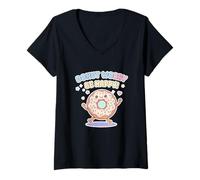 Damen Niedlicher Donut Worry Be Happy Cute Kawai Muffin Lustiges Wortspiel T-Shirt mit V-Ausschnitt