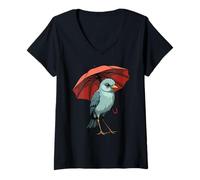 Damen Niedlicher Vogel unter Regenschirm Grafik Geschenk für Männer Frauen Kinder T-Shirt mit V-Ausschnitt
