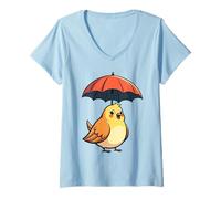 Damen Niedlicher Vogel unter Regenschirm Grafik Geschenk für Männer Frauen Kinder T-Shirt mit V-Ausschnitt