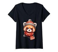 Damen Niedlicher Winter-Roter Panda mit Schal und Mütze T-Shirt mit V-Ausschnitt