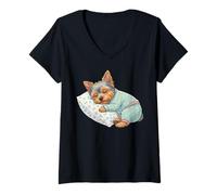 Damen Niedlicher Yorkshire Terrier Hund schläft im Schlafanzug Schlafenszeit Kunst T-Shirt mit V-Ausschnitt