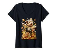 Damen Niedlicher Yorkshire Terrier mit Herbstlaub Herbst Hund T-Shirt mit V-Ausschnitt