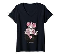 Damen Niedliches Einhorn-Mädchen mit Brille, lustige Grafik, verspielt, lebendig T-Shirt mit V-Ausschnitt