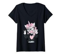 Damen Niedliches Einhorn mit großer schwarzer Brille, rosa Schleife T-Shirt mit V-Ausschnitt