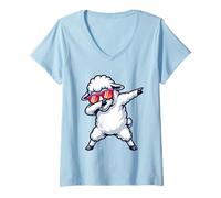 Damen Niedliches Flauschiges weißes Schaf, Dabbing mit Sonnenbrille T-Shirt mit V-Ausschnitt