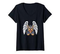 Damen Niedliches Yorkshire-Terrier-Engel-Design T-Shirt mit V-Ausschnitt