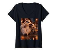 Damen Night City Cool YETI & Raccoon ICED Coffee Friends T-Shirt mit V-Ausschnitt