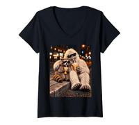 Damen Night City Cool YETI & Raccoon ICED Coffee Friends T-Shirt mit V-Ausschnitt