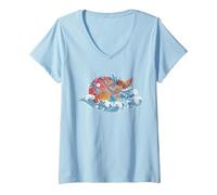 Damen Nishikigoi Japan Wellen Japanischer Fisch Koi Karpfen T-Shirt mit V-Ausschnitt, Himmelblau, M
