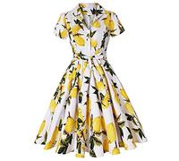 Damen Notch Revers Vintage V-Ausschnitt Cocktail Swing Kleid 50er 60er Jahre Knopf Up 1950er Rockabilly Prom Midi Abendkleid mit Taschen, Gelbe Zitrone., X-Groß
