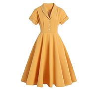Damen Notch Revers Vintage V-Ausschnitt Cocktail Swing Kleid 50er 60er Jahre Knopf Up 1950er Rockabilly Prom Midi Abendkleid mit Taschen, Ginger Yellow, Groß