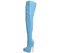 Damen Oberschenkel hohe Stiefel 7" Stiletto Fashion Stretchy Lackleder Plateau Overknee High Heel Stiefel Sexy Stripper Club Pole Dance Schuhe 6 Farbe,Blau,46 EU