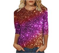 Damen Oberteile 3/4 Ärmel Bluse Bunte Blumen Druck Tunika 2023 Shirt Sommer Tshirt Rundhals Pullover Party Tee Tops Longbluse Leichte T-Shirt Lose Bequeme Blusentops Sportbekleidung für Outdoor