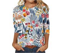Damen Oberteile 3/4 Ärmel Tshirt Rundhals Bluse Lustig Blumendruck Tunika Tops Sommer Shirt Party Dünn Longbluse Pullover T-Shirt Teenager Mädchen Longtops Slim Fit Blusentops Hemden 3XL für Geschenk