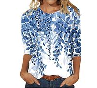 Damen Oberteile 3/4 Ärmel Tshirt Rundhals Bluse Lustig Blumendruck Tunika Tops Sommer Shirt Party Dünn Longbluse Pullover T-Shirt Teenager Mädchen Longtops Slim Fit Blusentops Hemden 3XL für Geschenk