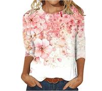 Damen Oberteile 3/4 Ärmel Tshirt Rundhals Bluse Lustig Blumendruck Tunika Tops Sommer Shirt Party Dünn Longbluse Pullover T-Shirt Teenager Mädchen Longtops Slim Fit Blusentops Hemden 3XL für Geschenk