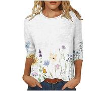 Damen Oberteile 3/4 Arm Bluse Lässige Federdruck Tshirt 2023 Tunika Shirt Sommer Rundhals Pullover Party Tee Tops Longbluse Dünne T Shirts Lose Bequeme Blusentops Sportbekleidung für Outdoor