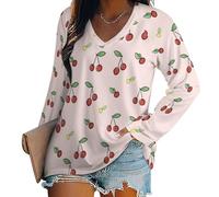 Damen Oberteile Cartoon-Kirsch-Symbol Langarmshirt Minimalistischer Stil Casual V-Ausschnitt Bluse Shirt Tops S-5XL,Rosa