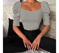 Damen Oberteile,Damenbluse Mit Quadratischem Ausschnitt, Sommerhemden, Schmal, Puffärmel, Basic-Tanktops, Elegante Bluse, T-Shirt-Jacke, Lässige Bluse, Tunika, Sweatshirt-Tops Für Damen, Grau, M