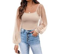 Damen Oberteile durchsichtig Lange Ärmel Blusen T-Shirt durchsichtig Slim Fit T-Shirt Tunika Patchwork Mesh einfarbige Oberteile lässige langärmlige Oberteile Laternen Langarm Top mit Einsätzen S-XXL