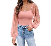 Damen Oberteile durchsichtig Lange Ärmel Blusen T-Shirt durchsichtig Slim Fit T-Shirt Tunika Patchwork Mesh einfarbige Oberteile lässige langärmlige Oberteile Laternen Langarm Top mit Einsätzen S-XXL